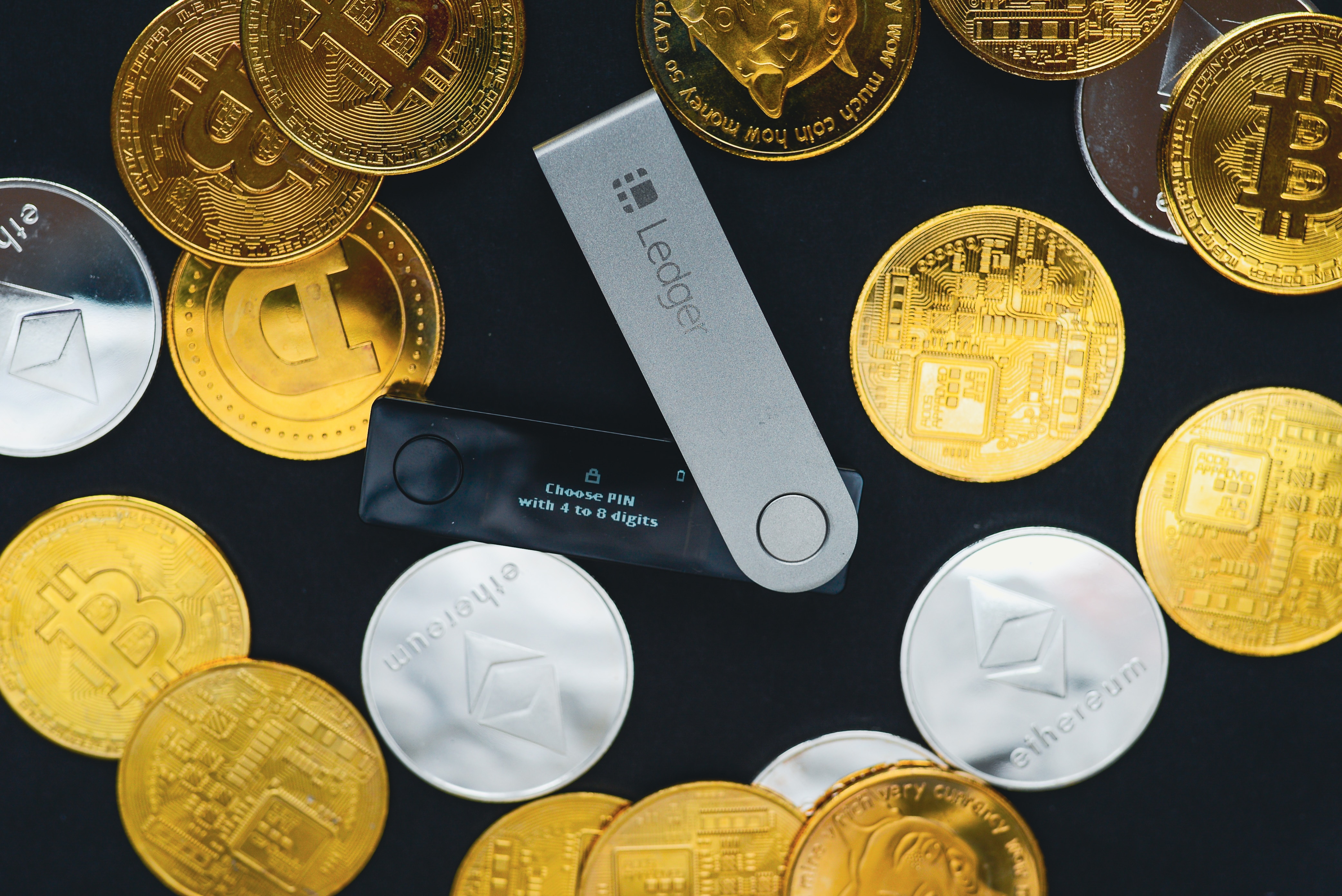 Crypto coins and a ledger wallet