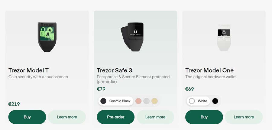 Trezor hardware wallet selection