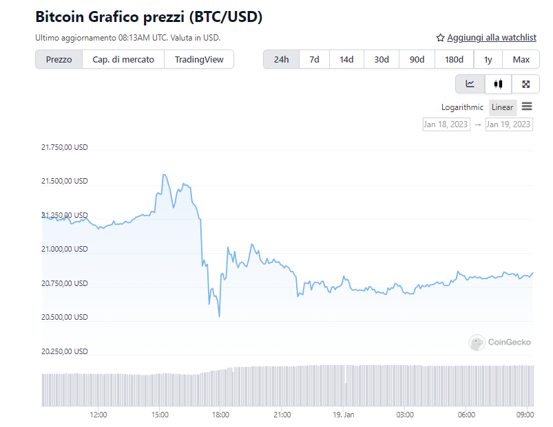 Grafico Bitcoin nelle 24ore - Fonte: CVoinGecko