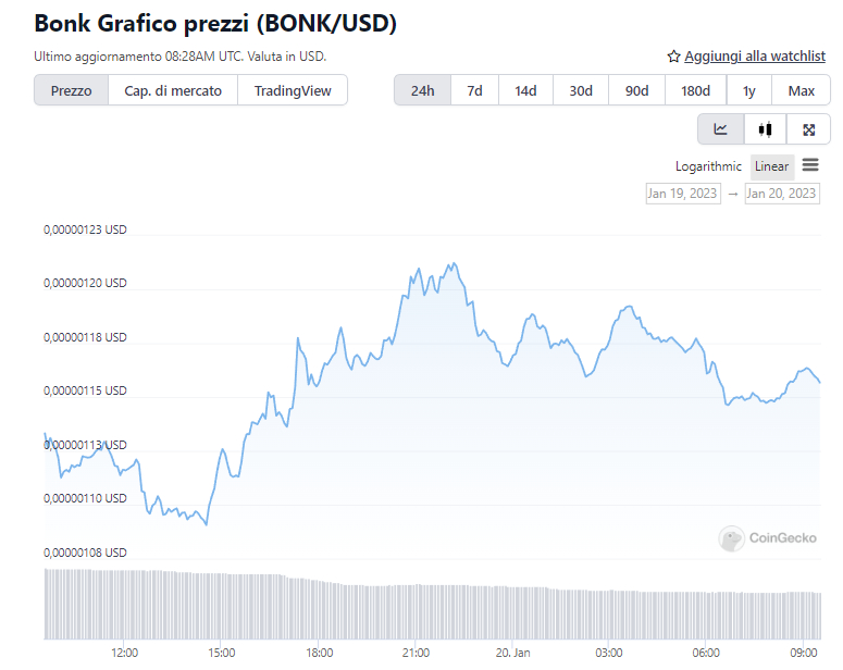 Grafico di Bonk nelle 24ore - Fonte: CoinGecko