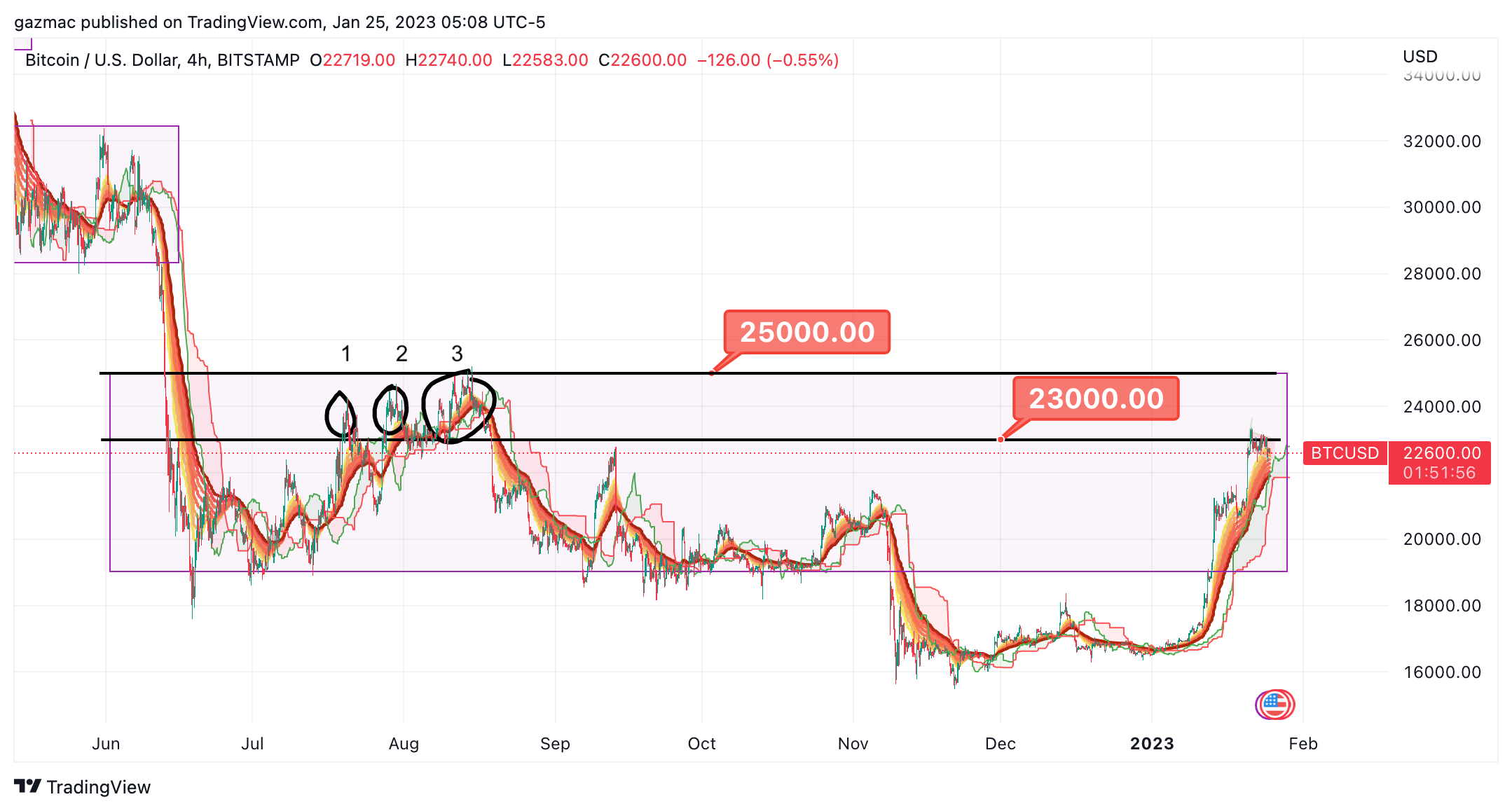 Tentativi di superare la resistenza a 25.000$ - Fonte TradingView