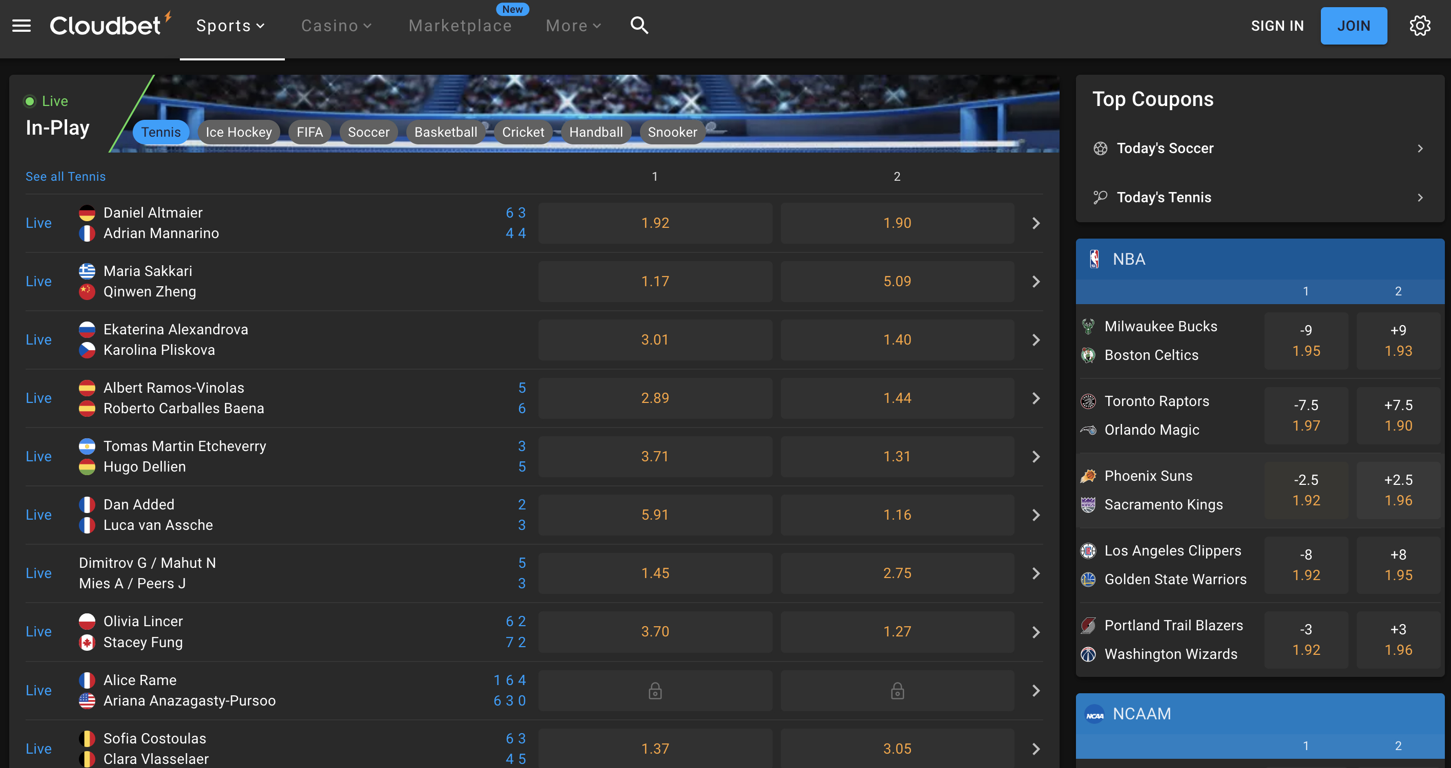 Live Tennis Games On Cloudbet