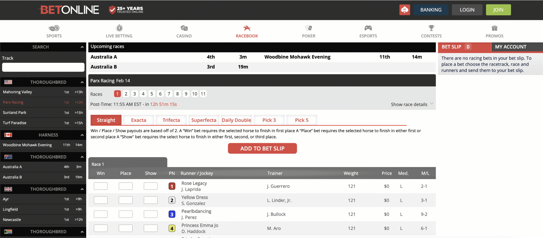 BetOnline Racebook And Betslip