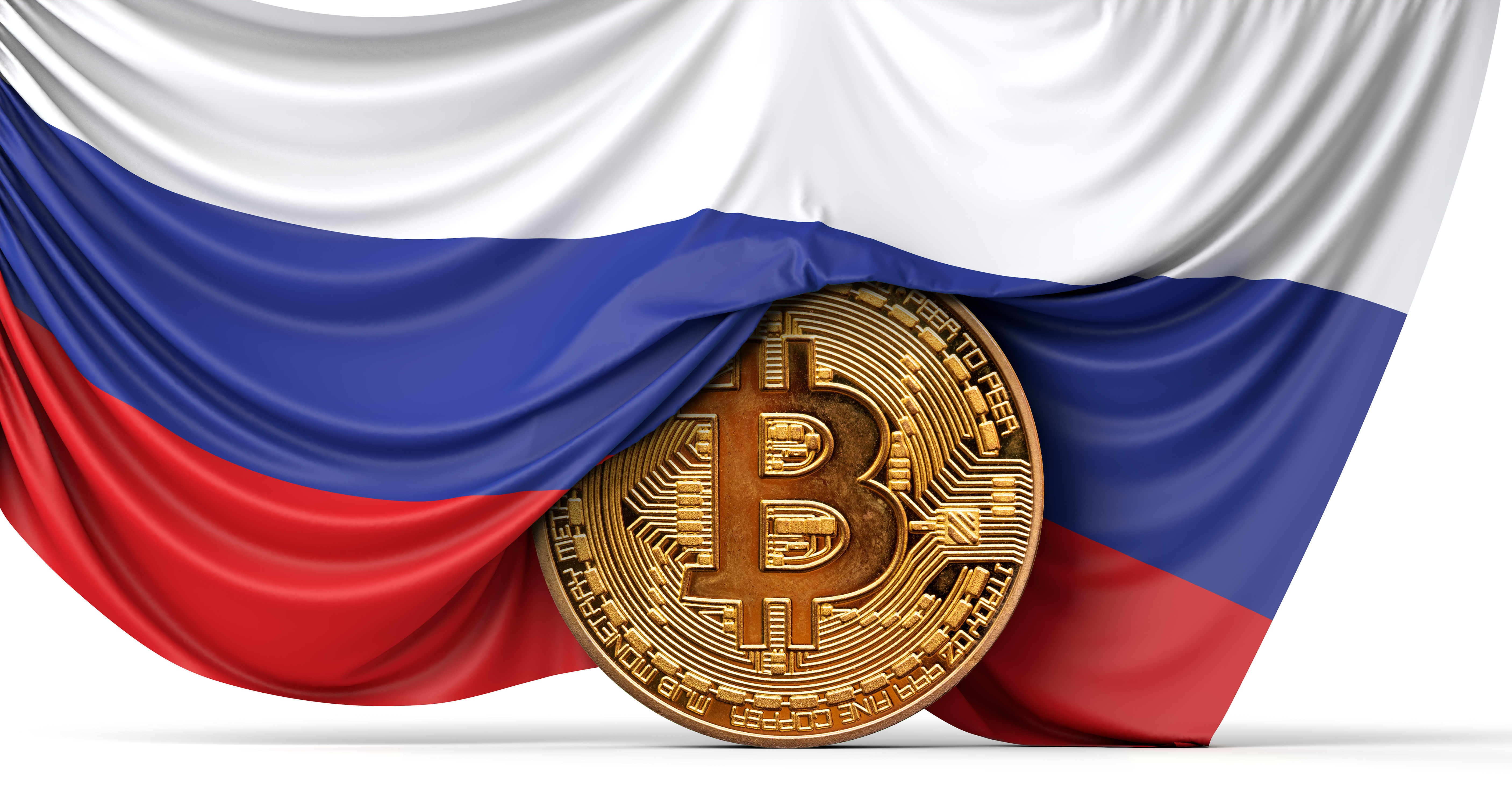 A Russian flag falls over a coin-like representation of a bitcoin token.