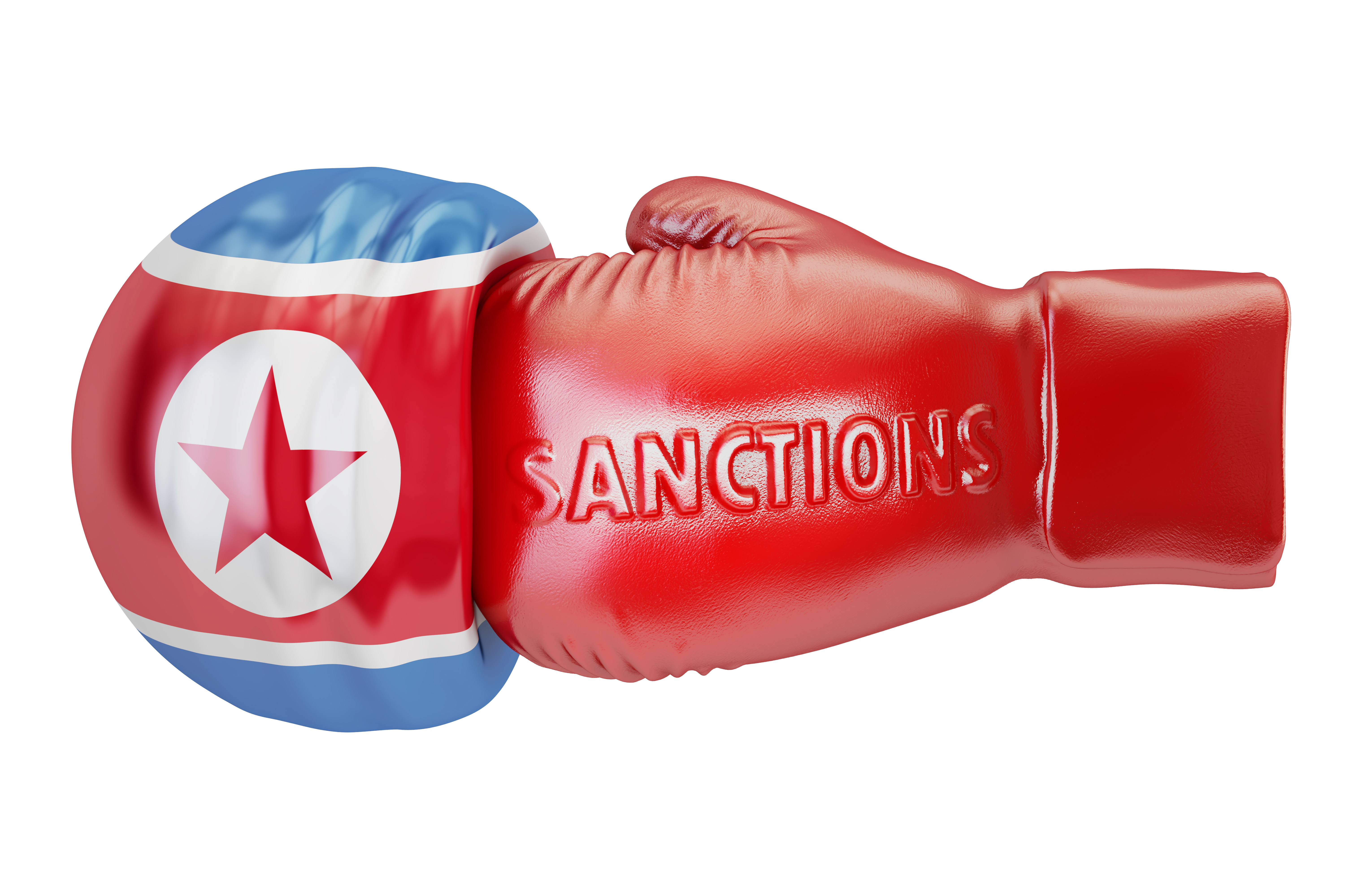 A boxing glove strikes a punching ball decorated with the North Korean flag. The word 'Sanctions' is embossed on the boxing glove.