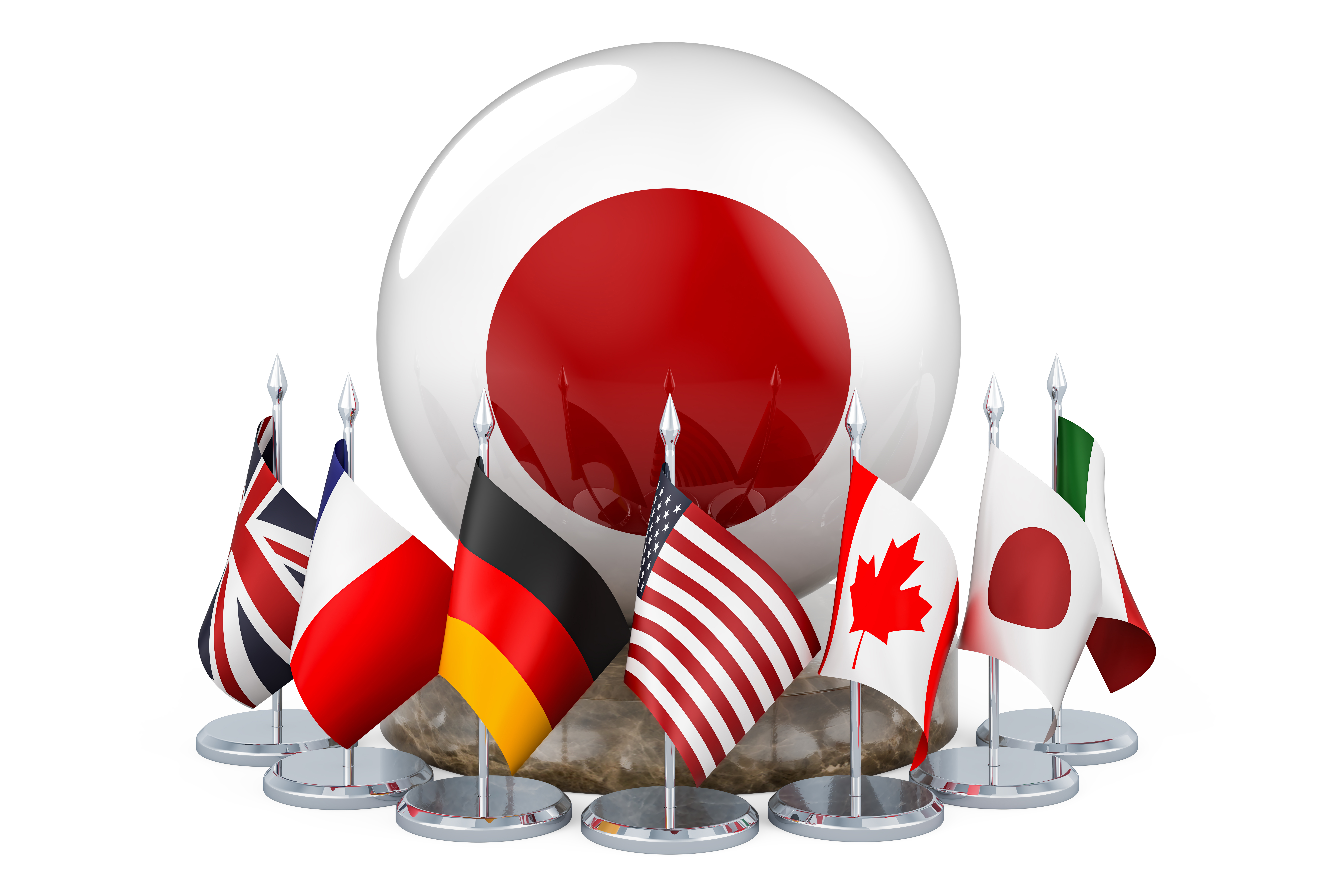 The flags of the G7 nations around a sphere decorated in the colors of the Japanese flag.