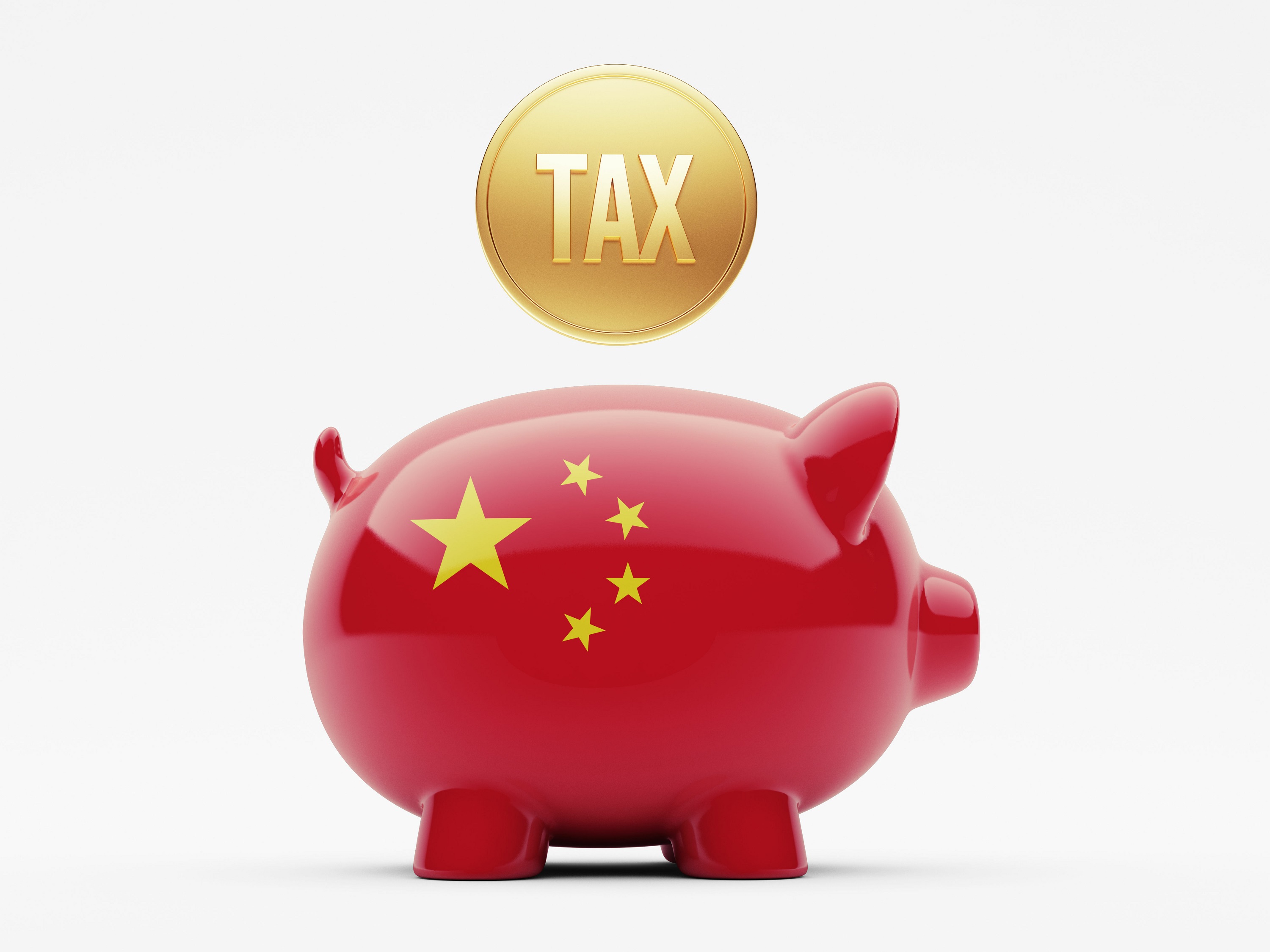 A golden coin with the word &ldquo;tax&rdquo; on it hangs above a piggy bank decorated in the colors of the Chinese flag.