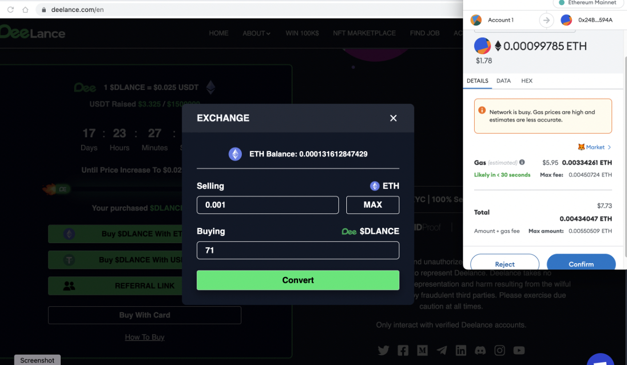 MetaMask connection on DeeLance