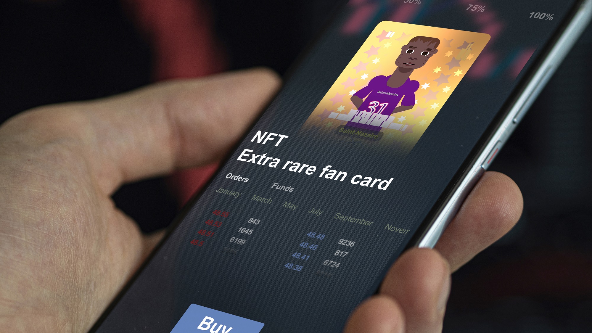A smartphone user holds a device with an image of a sports player on it. Text reading &amp;amp;ldquo;NFT Extra Rare Fan Card&amp;amp;rdquo; is displayed below the image, along with a &amp;amp;ldquo;Buy&amp;amp;rdquo; button.