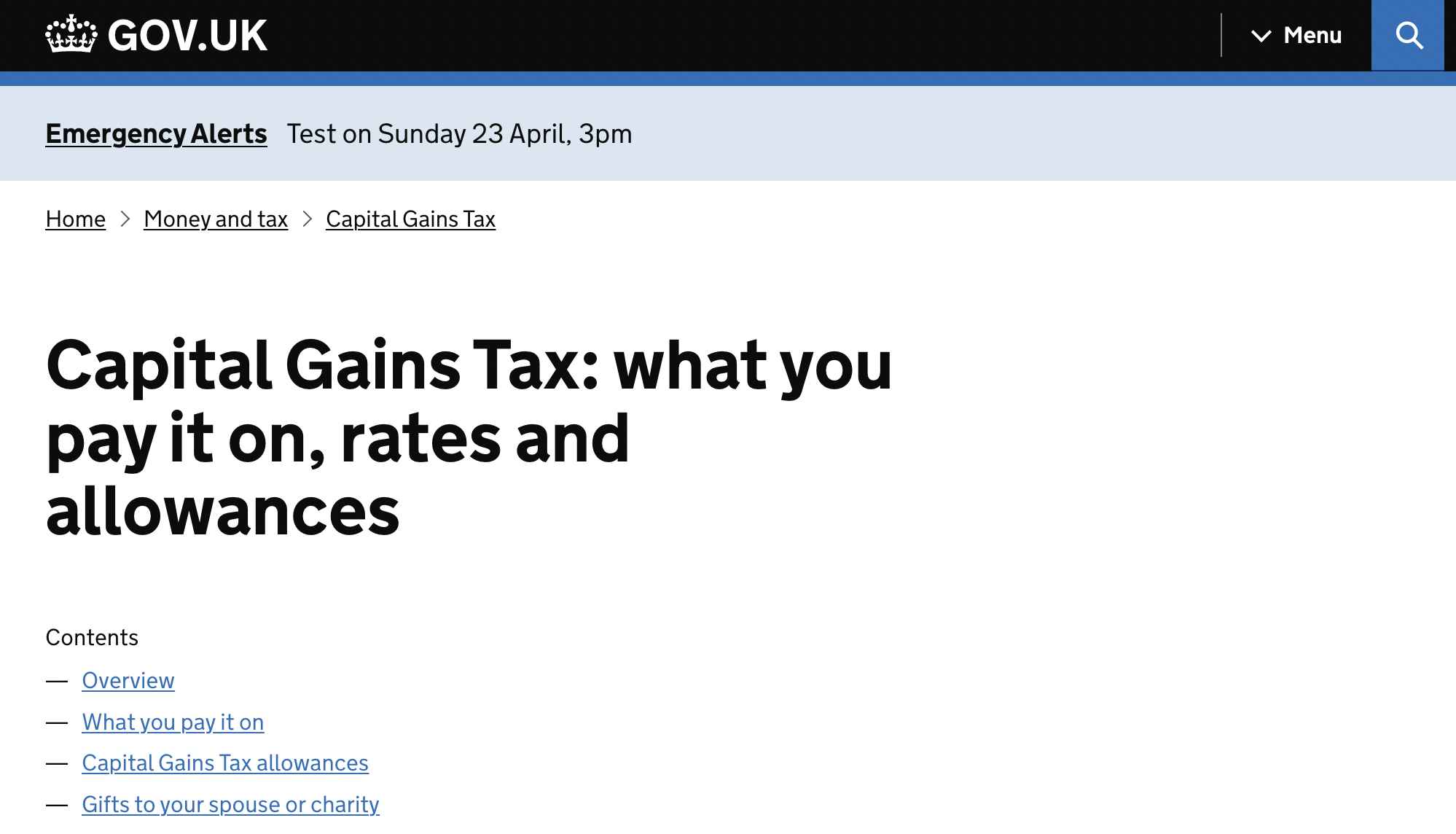 Gov.UK capital gains tax webpage