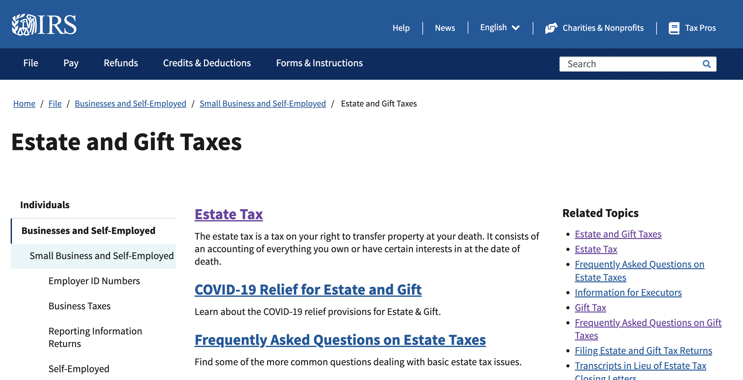 IRS estate and gift taxes webpage