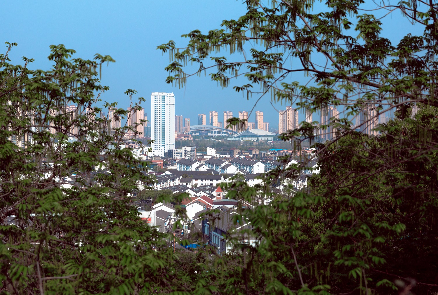 Trees and buildings on the skyline of the Chinese city of Changshu.