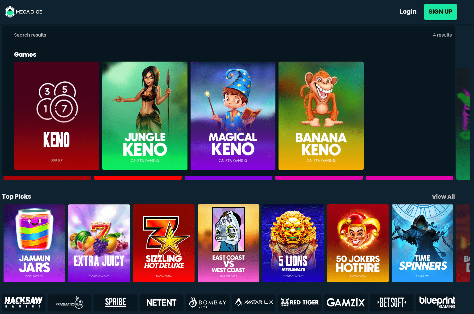 Keno Games On Mega Dice Casino