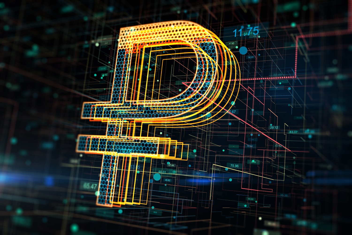 A graphic representation of the Russian ruble symbol against an abstract background.