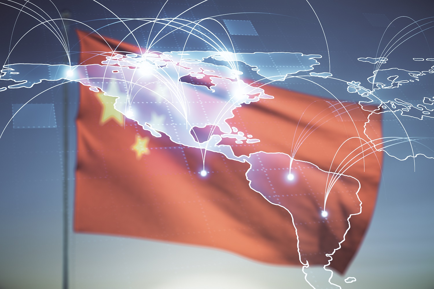 An abstract digital world map hologram against the background of the Chinese flag, mounted to a flagpole.
