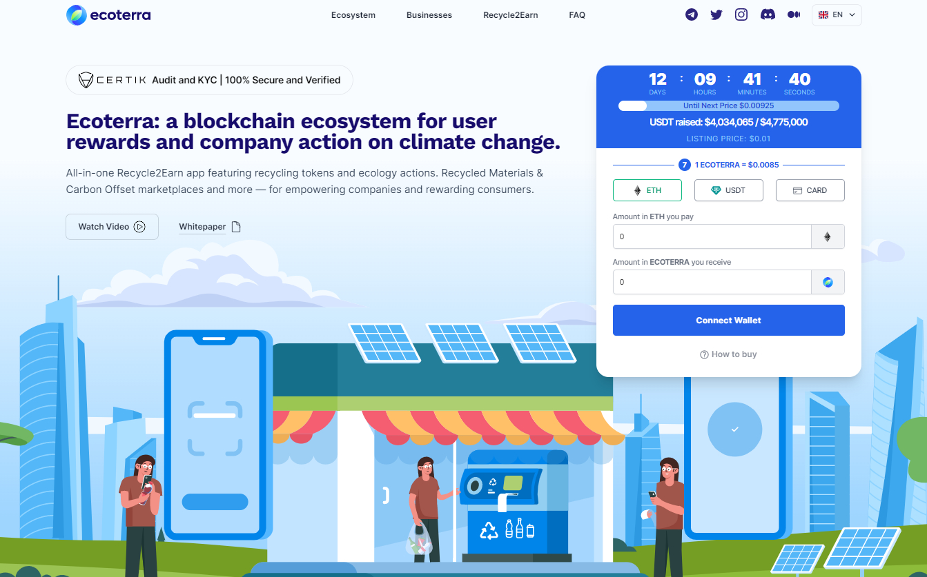 Presale van op Web3-gebaseerde &quot;Recycle-to-Earn&quot; App Ecoterra weet $ 4 Miljoen op te halen - Nog maar 40% van Totale Token Aanbod over, Investeerders moeten Snel zijn