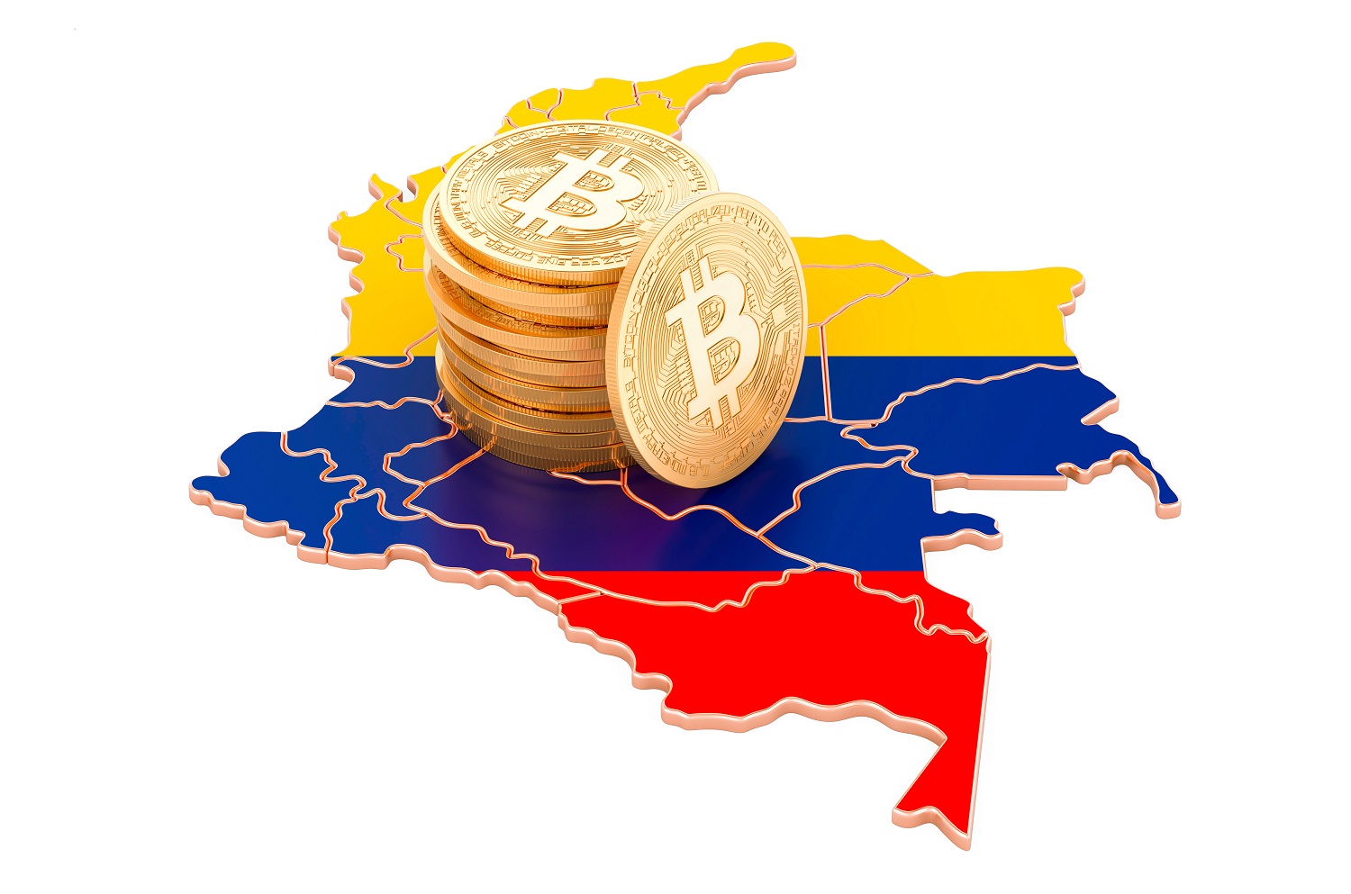 A pile of metal tokens intended to represent Bitcoin rests on a map of Colombia, decorated in the colors of the nation’s flag.