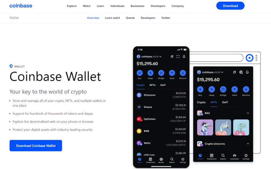Coinbase Wallet stores crypto, NFTs, and even other wallets