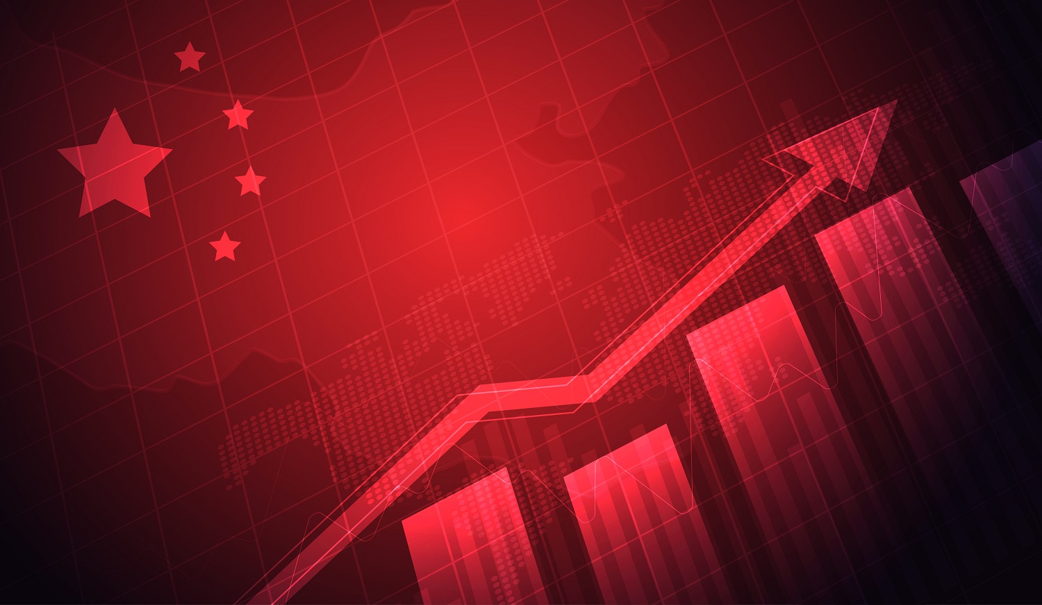 A digitized map of China, superimposed with an image of the Chinese flag and a candlestick-type stock market graph.