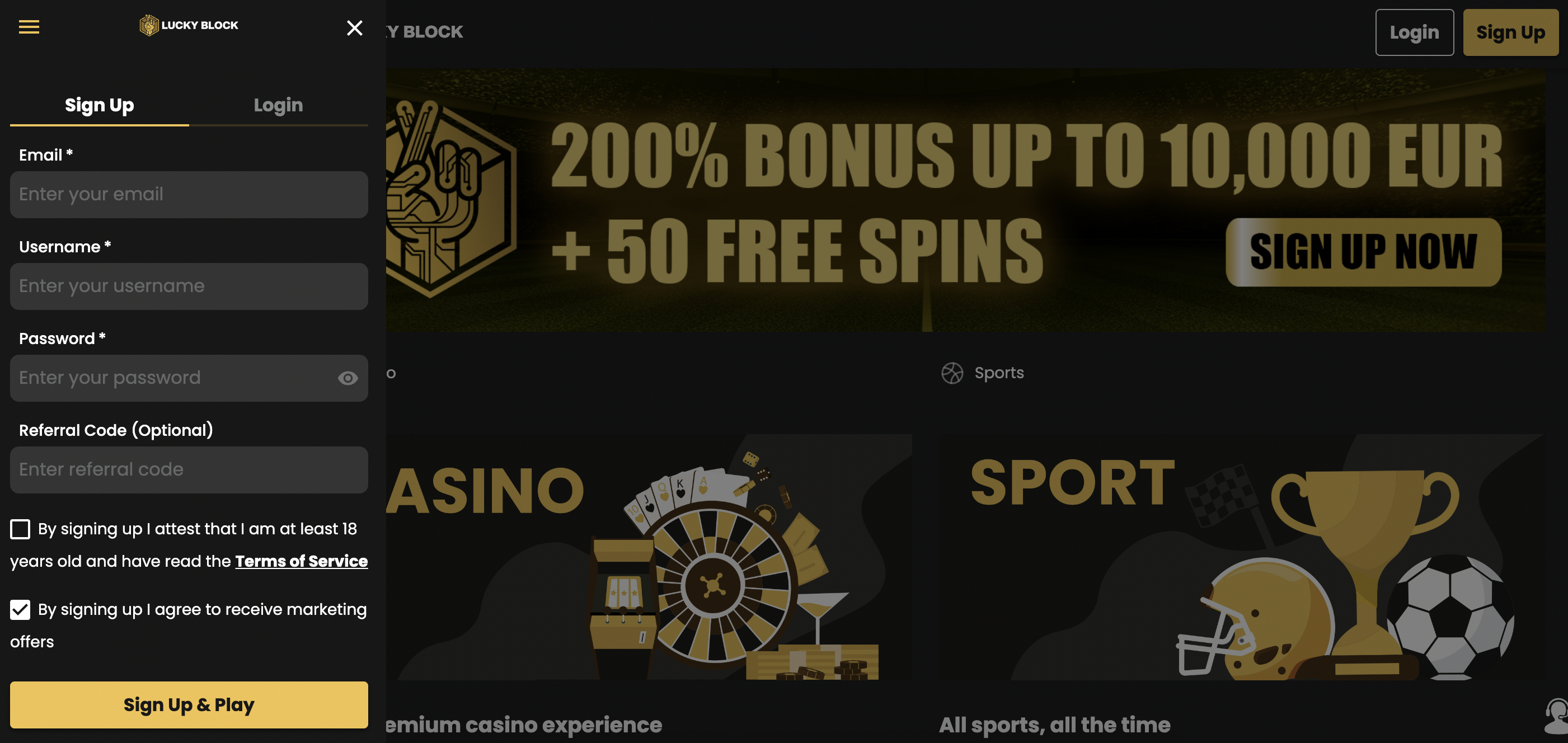 Lucky Block Casino Signup Page