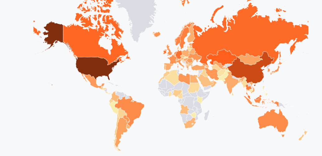 A map of the world shaded in darker colors where bitcoin-related energy consumption is highest.