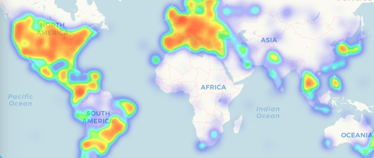 A map showing the parts of the world where crypto-related activity is the highest, with darker shades indicating high rates of activity.