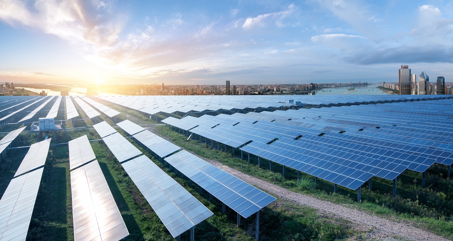 Solar power panels in a field in Shanghai, China.