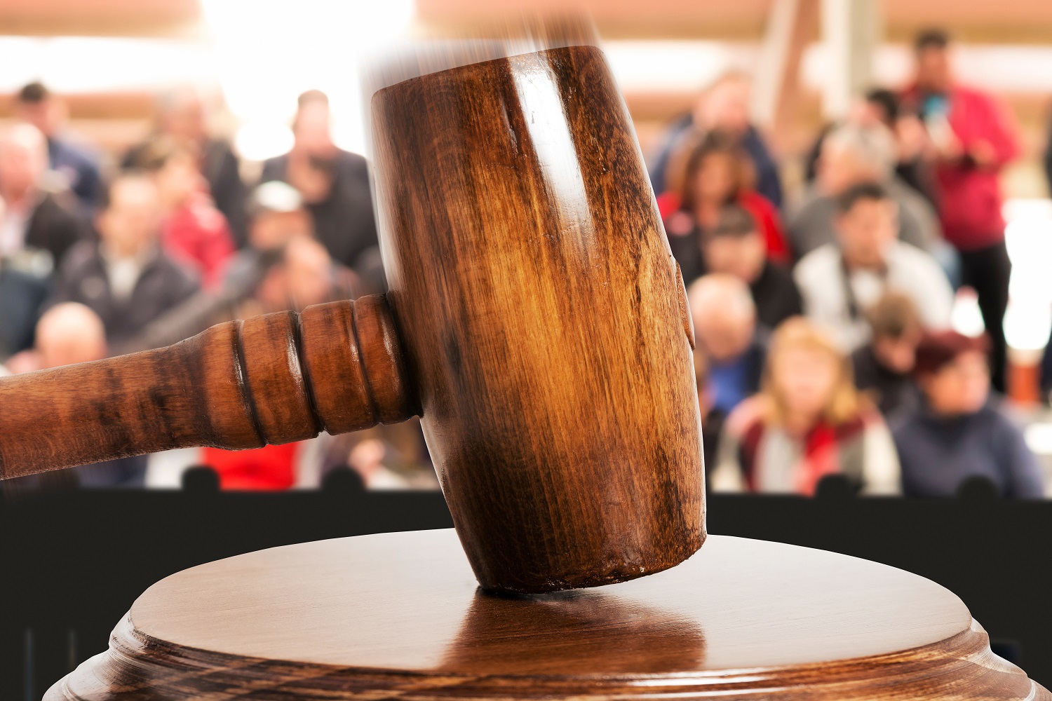 A gavel strikes a block on a desk at an auction as bidders sit in the background.