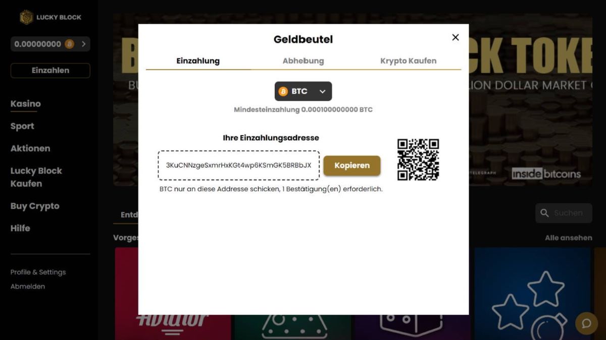 Schritt 4: Wallet mit Lucky Block Casino verbinden