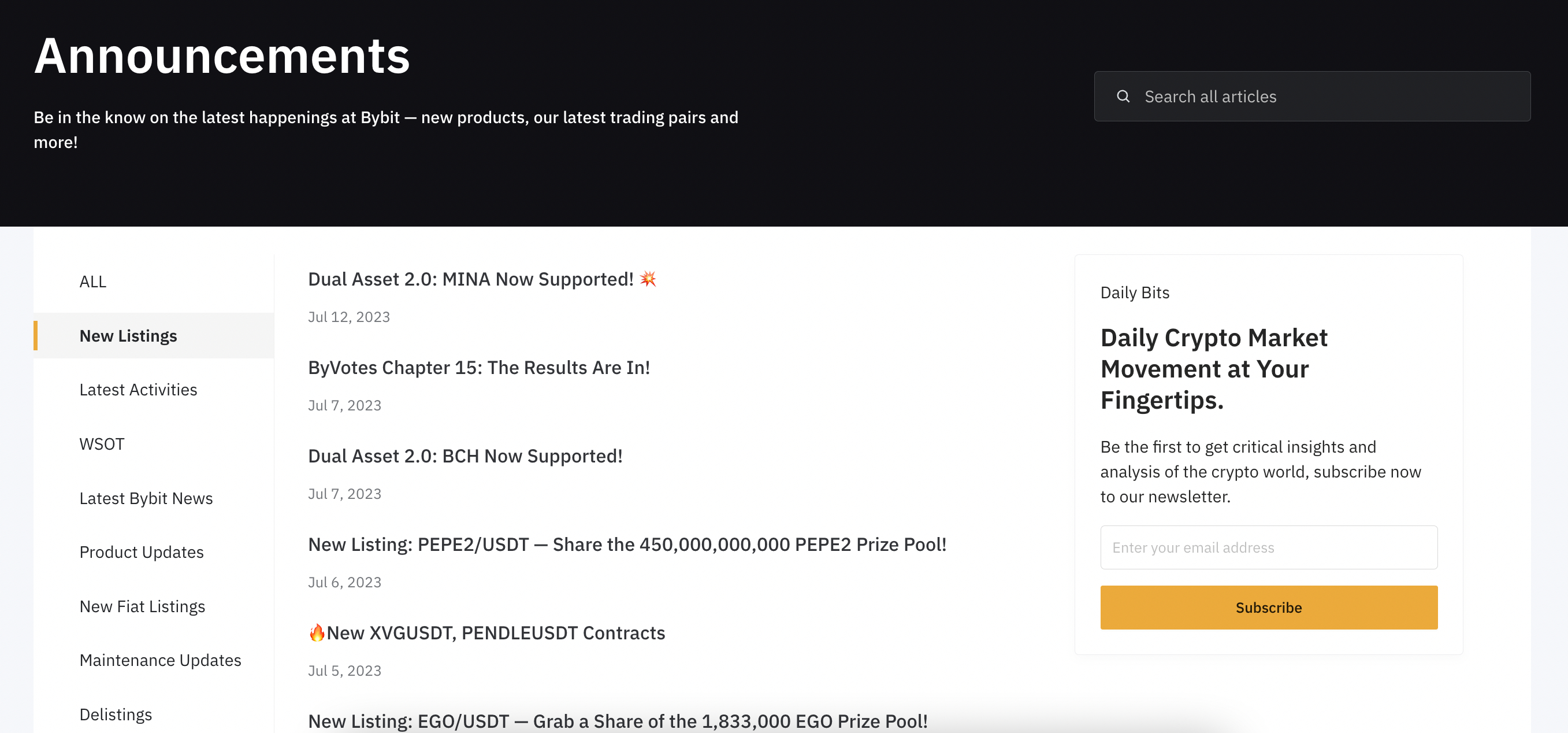 ByBit announcements page