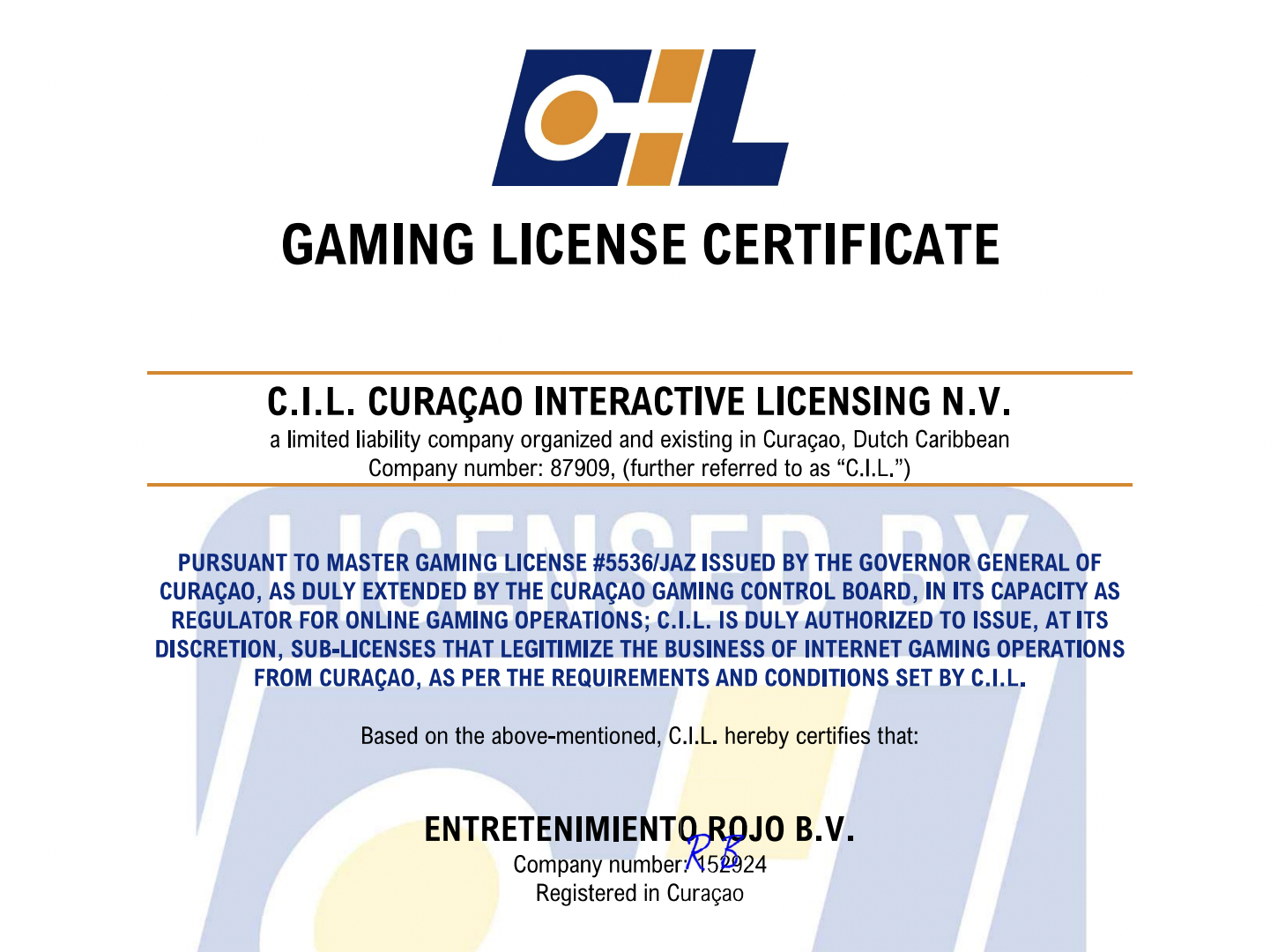 Gaming license certificate