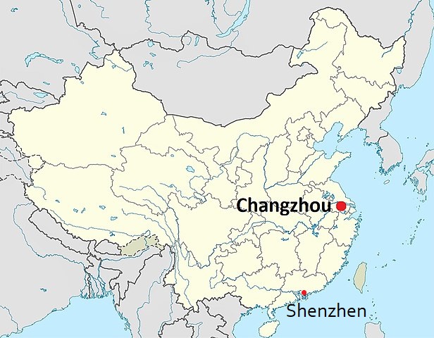 A map of China, with the cities of Changzhou and Shenzhen highlighted.