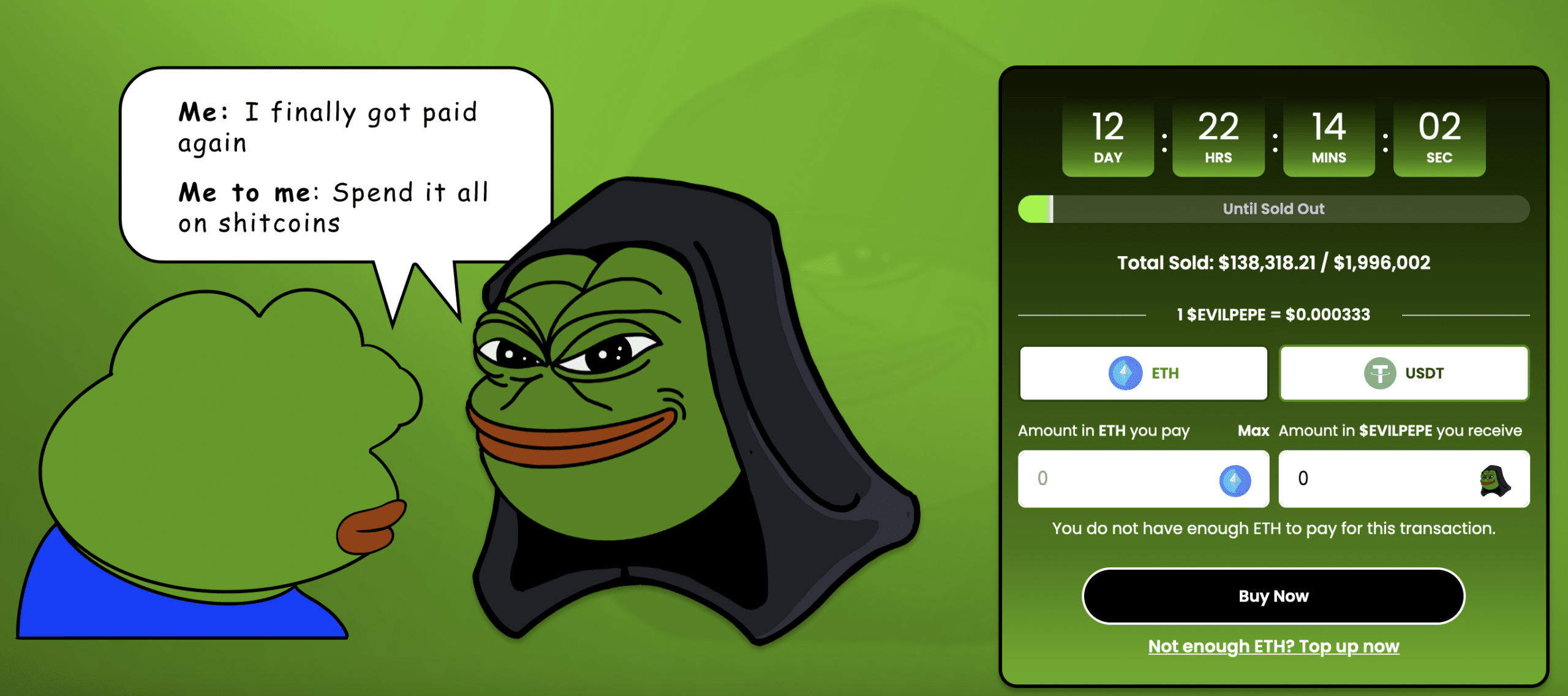 Home pagina van Evil Pepe Coin website