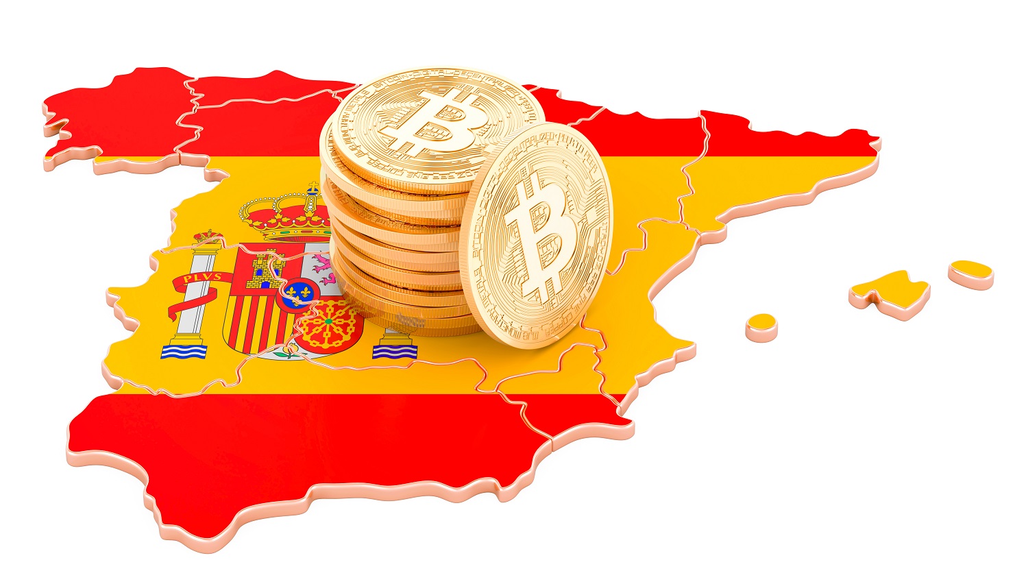 A 3D map of Spain, decorated in the colors of the Spanish national flag, with a pile of metal tokens intended to represent Bitcoin.