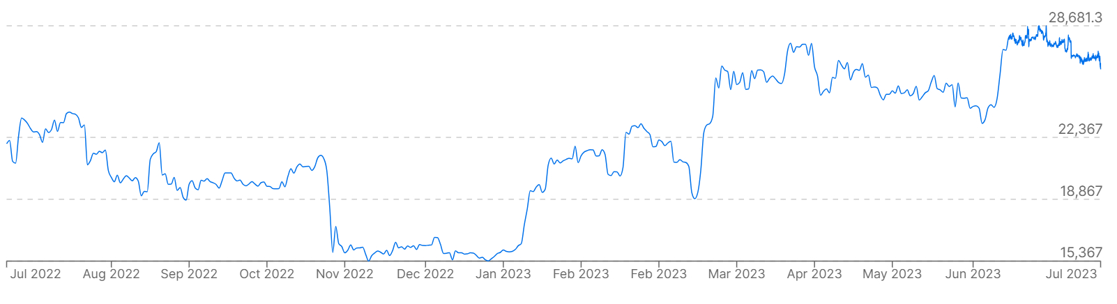 A graph showing Bitcoin prices versus the euro over the past year.