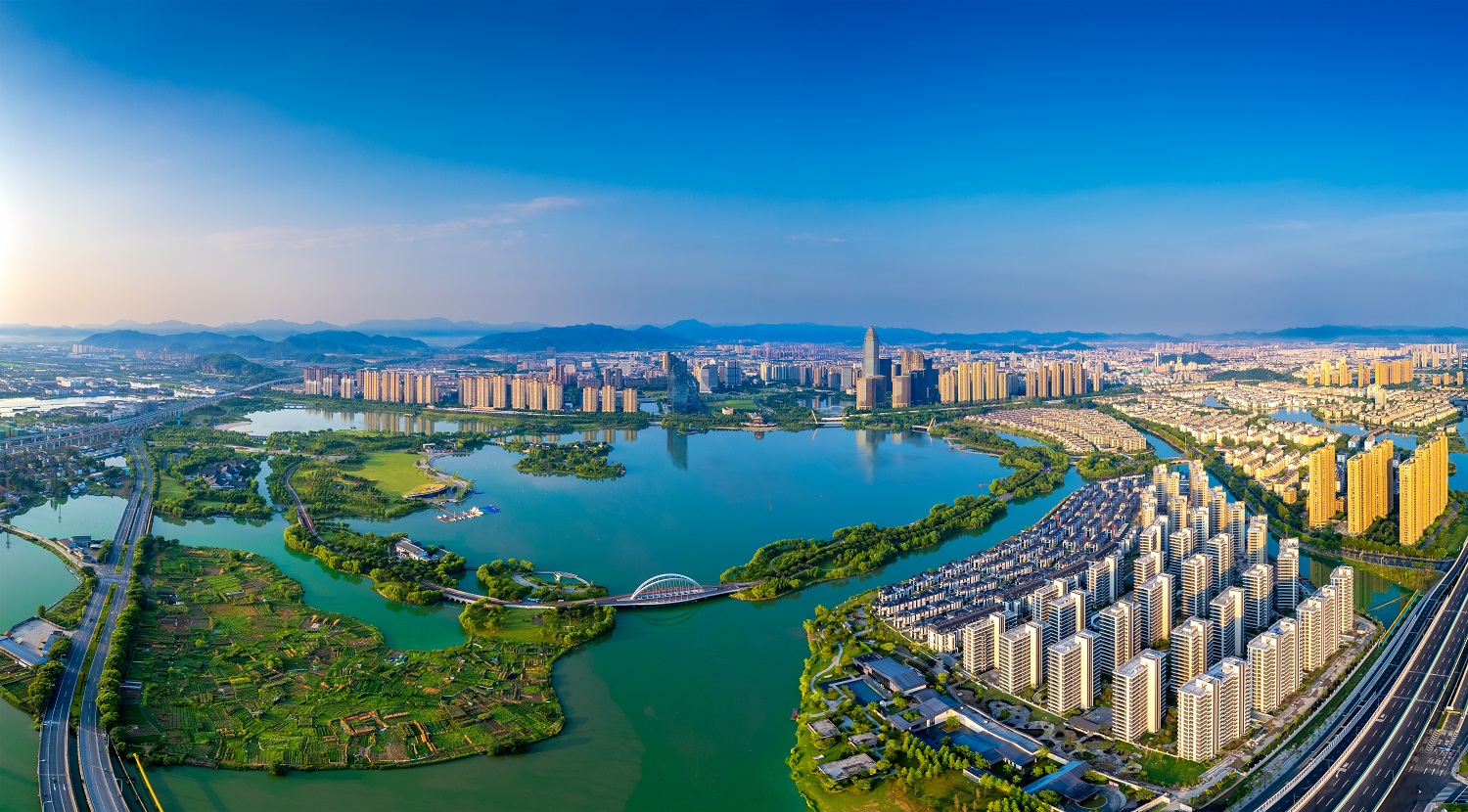 A panoramic view of Didang Lake Park, in Shaoxing, Zhejiang Province, China.