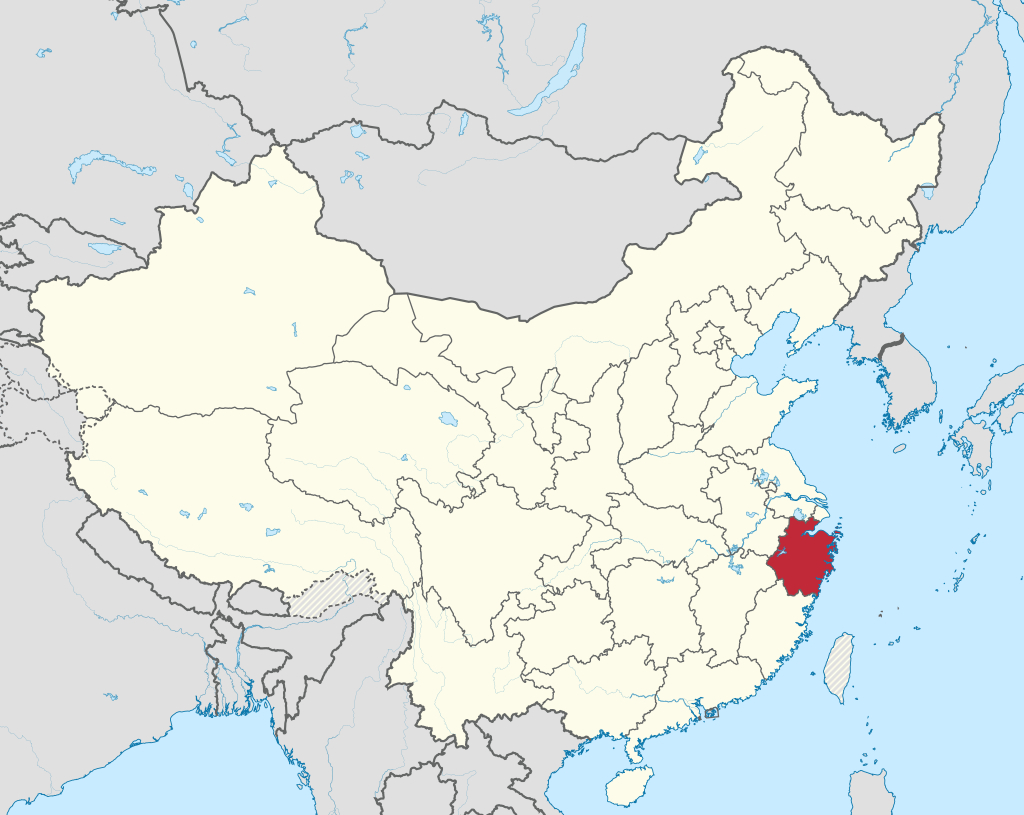 A map of China, with Zhejiang Province, China, the host province of this year’s Asian Games, shaded in red.