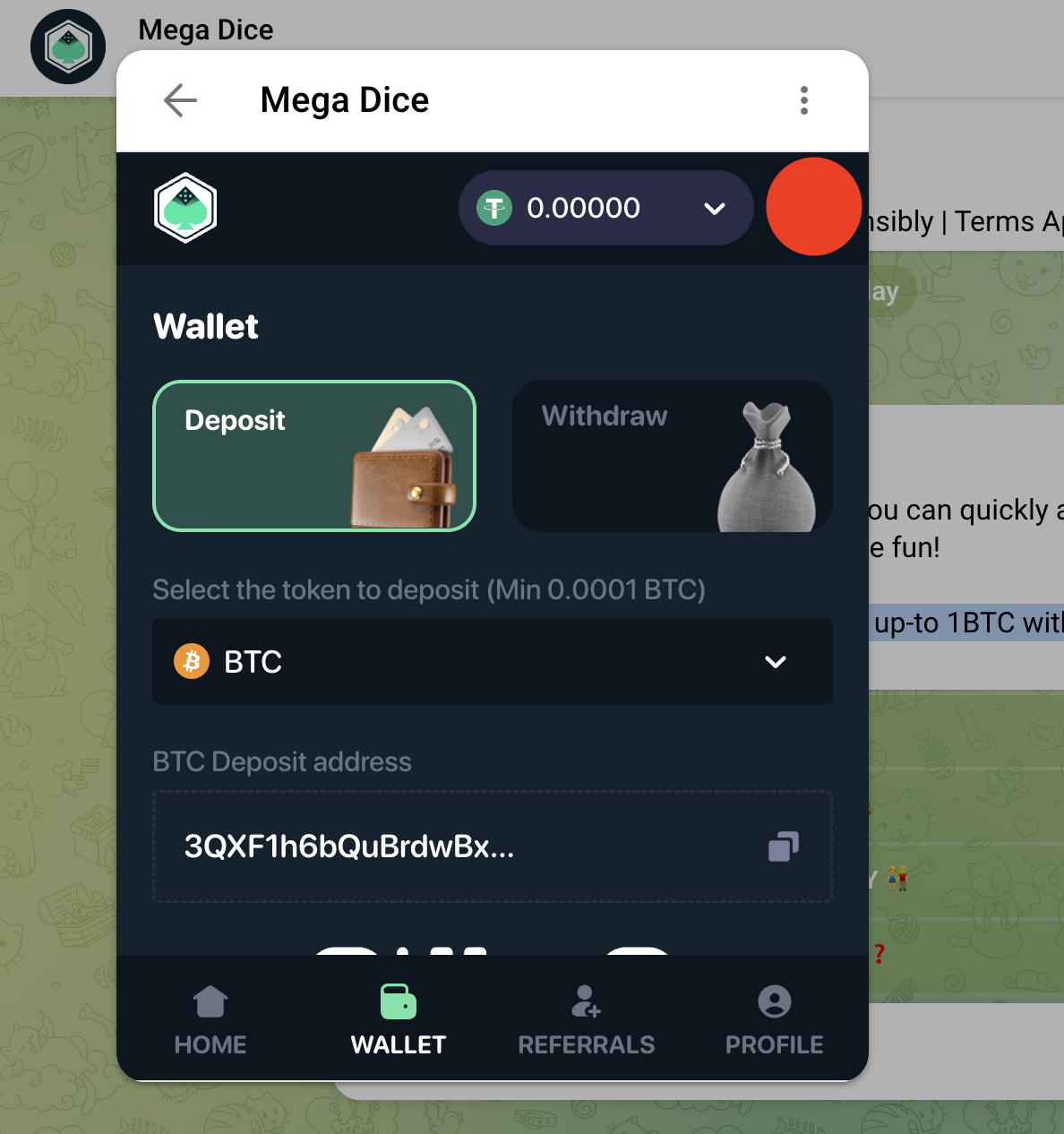 mega dice telegram casino deposit page