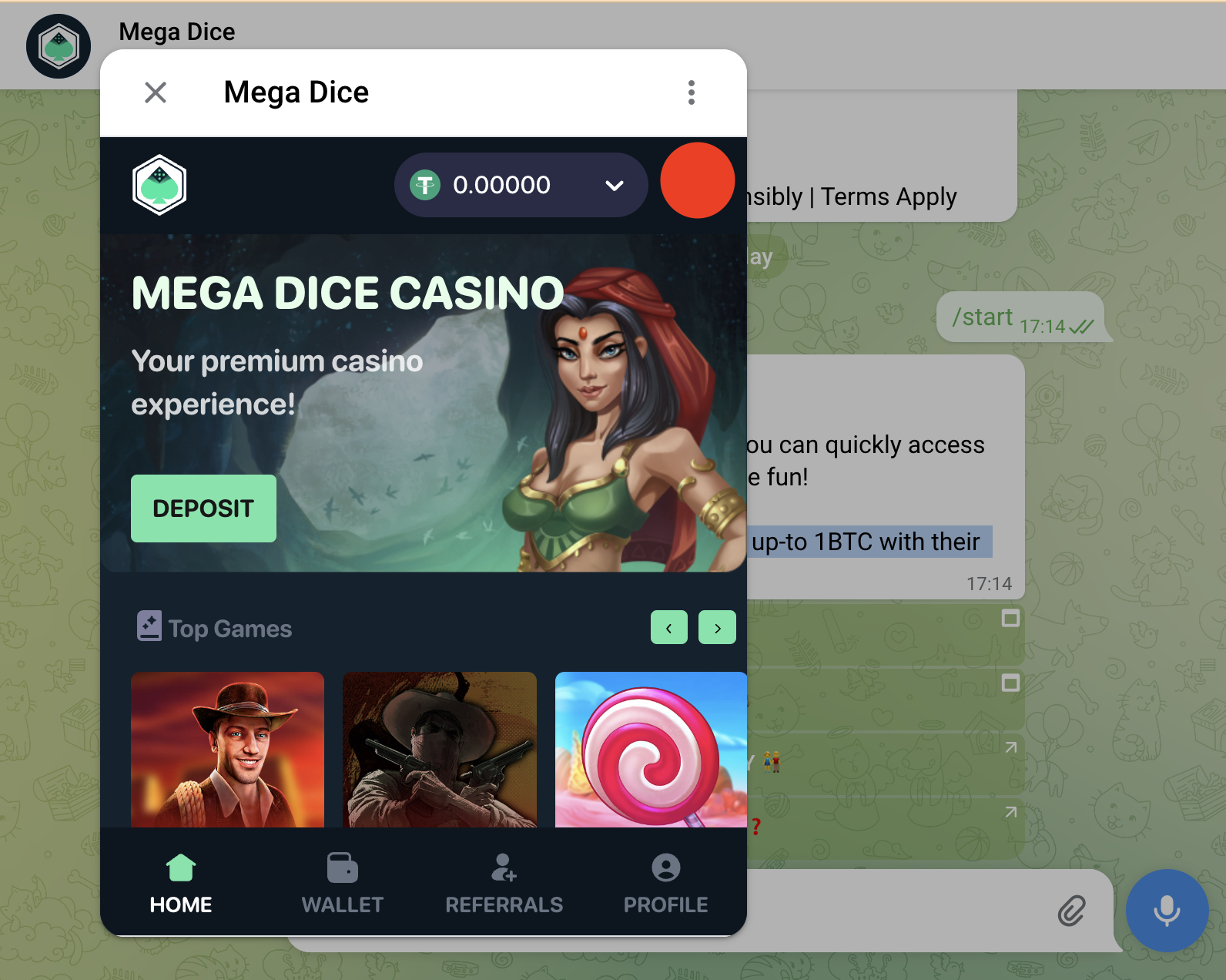 mega dice casino on Telegram - start page