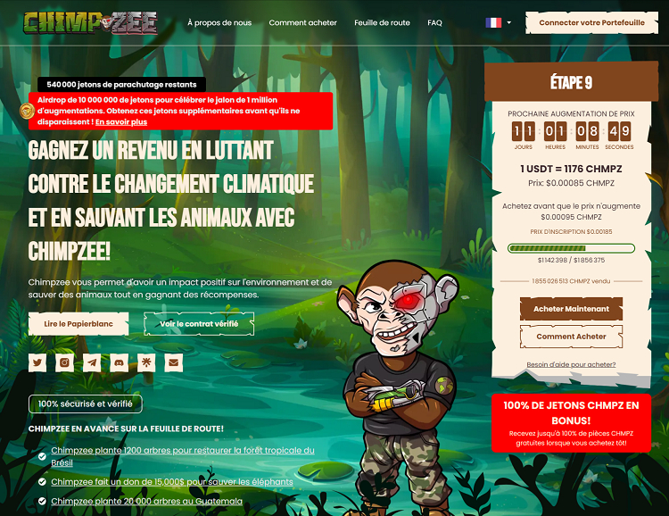 Prévente Crypto Chimpzee - Gagnez un revenu - Combattez le changement climatique - Sauvez les animaux
