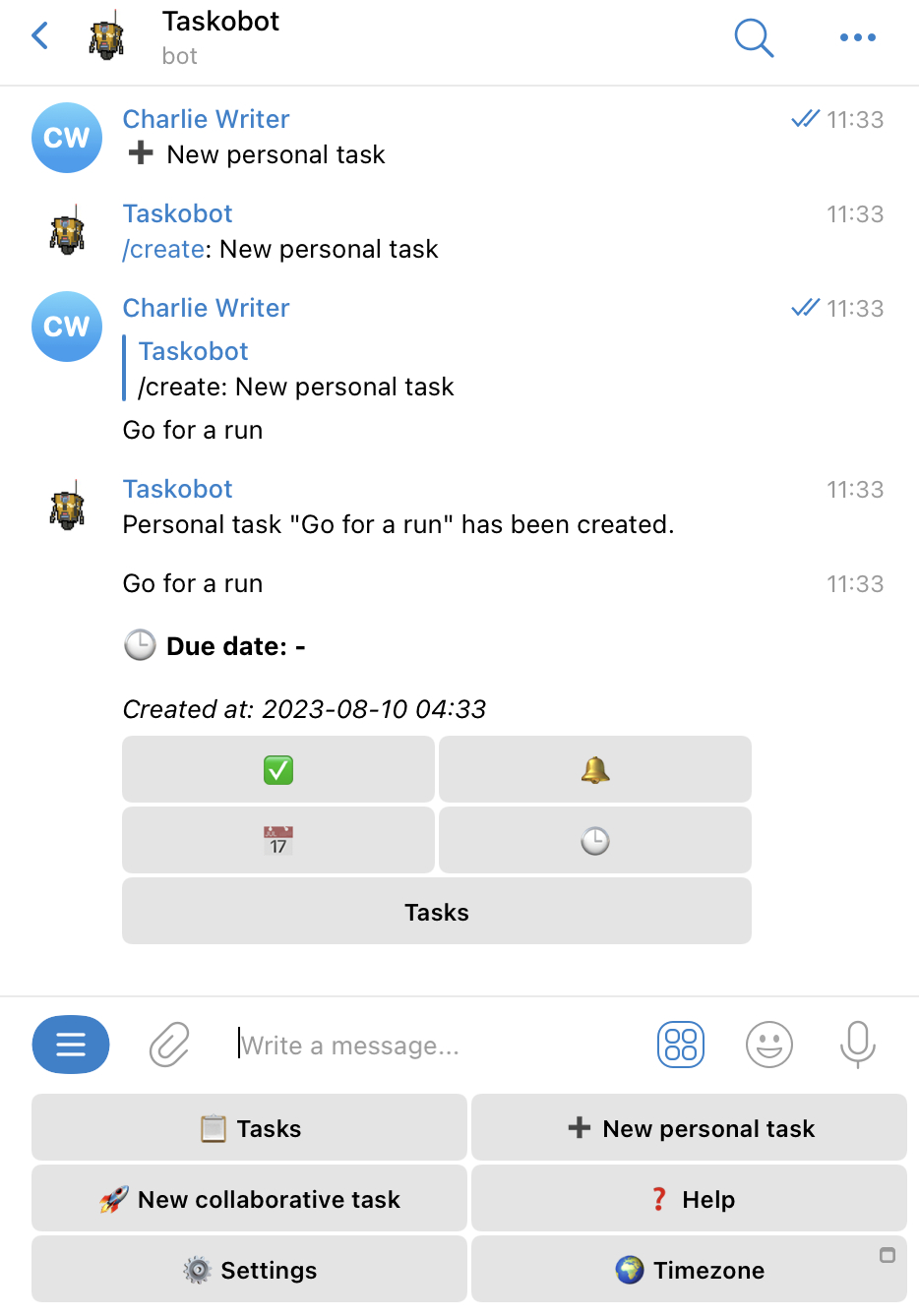 Taskobot setting up tasks