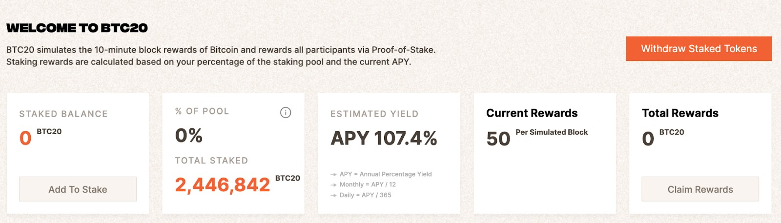 BTC20 오늘 DEX 상장 후 10배 급등 기대, 스테이킹 출시 후 현재 40% 잠금 – 현재 APY 107%
