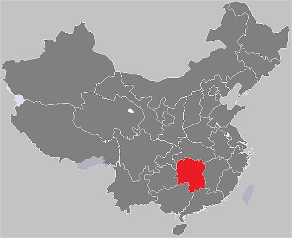 A map of China with Hunan Province shaded in red.