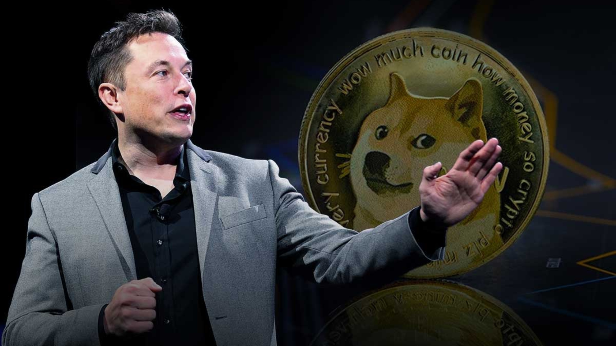 Foto met Elon Musk met Dogecoin op achtergrond