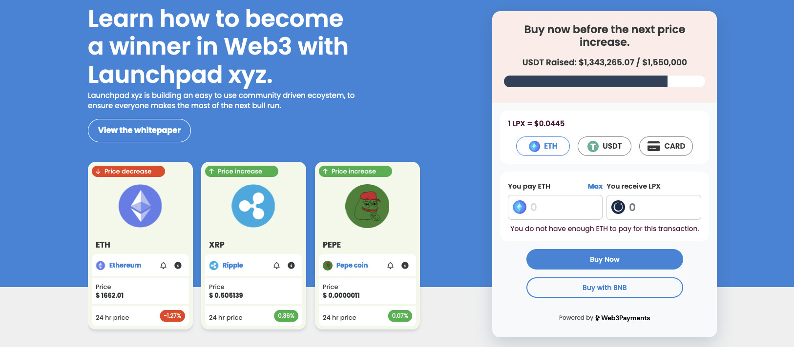 Officiële presale pagina van Launchpad XYZ