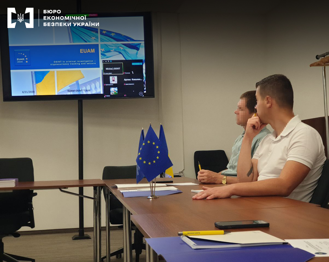 Ukrainian officers in Lviv, Ukraine, attend a training session on crypto hosted by EU officials.