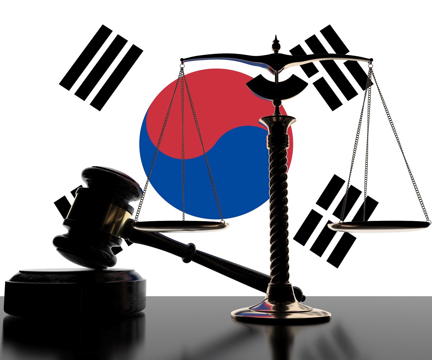 A judge’s gavel and block and a set of scales on a table in front of the flag of South Korea.