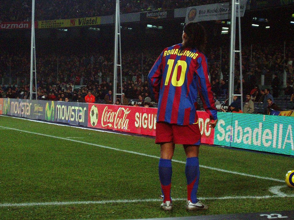 The soccer player Ronaldinho playing for Barcelona in 2005. 