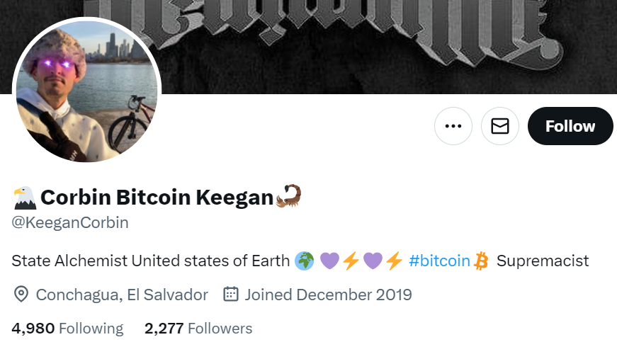 A screenshot of Corbin Keegan’s X (Twitter) bio.
