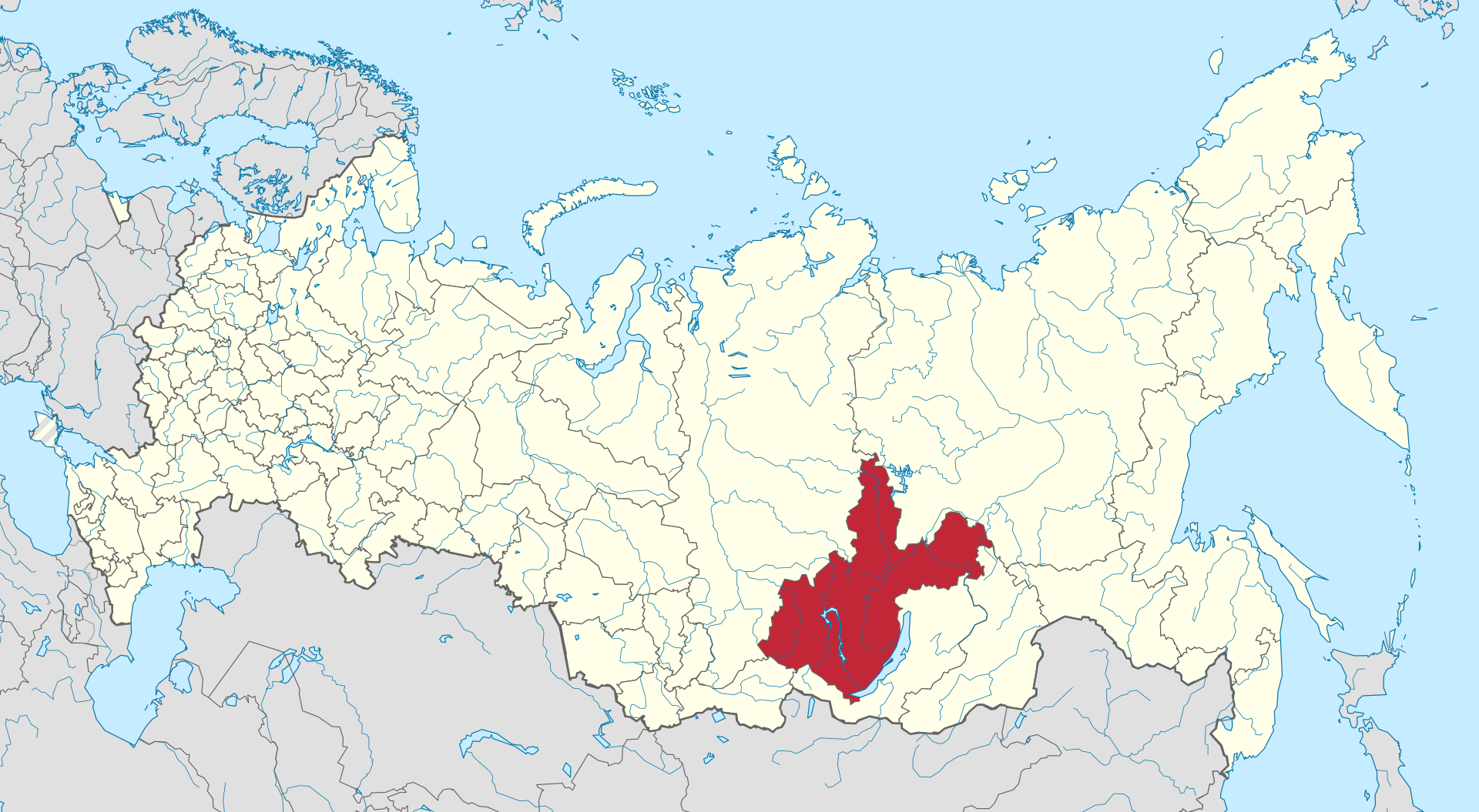 Karta Rusije s Irkutskom oblašću osjenčanom crvenom bojom.